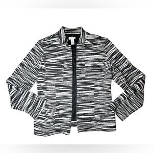 Chicos Black White Abstract Stripe Open Front Jacket‎ Blazer Collared Sz 0 Sm 4